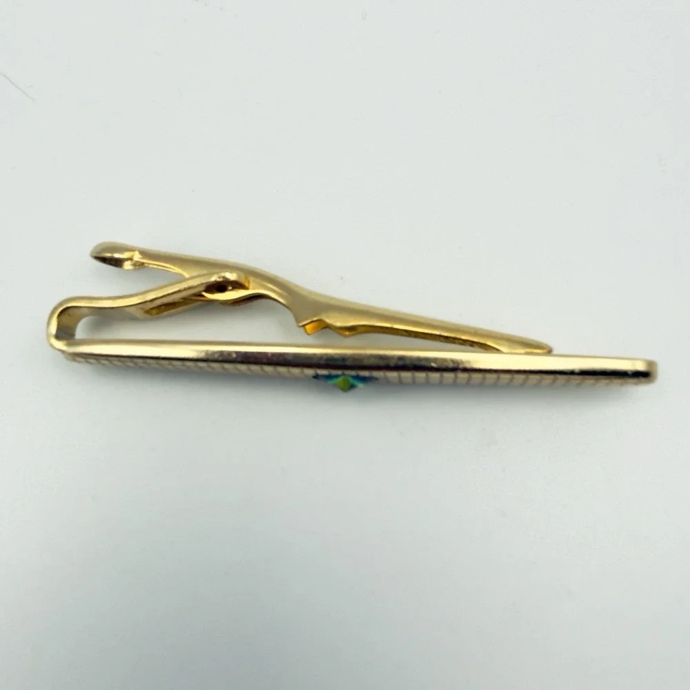 Vintage Gold Tone Tie Clip Bar Watermelon Rivoli Rhinestone Mid Century Mad Man